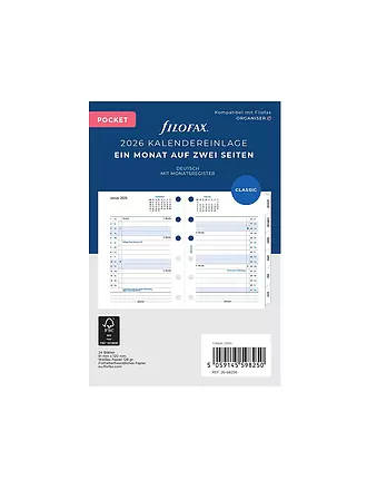FILOFAX | Kalendereinlage Pocket 2026 Monat Deutsch | weiss