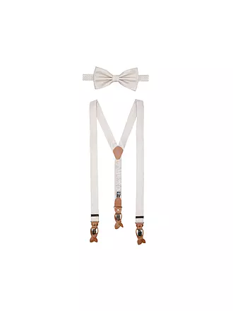 SEIDENFALTER | Hosenträger Set mit Fliege und Knopf-Clips | beige