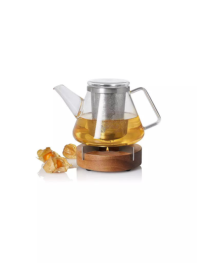 AD HOC | Geschenk Set Teekanne FUSION und Stövchen 1l Glas / Akazie  | transparent
