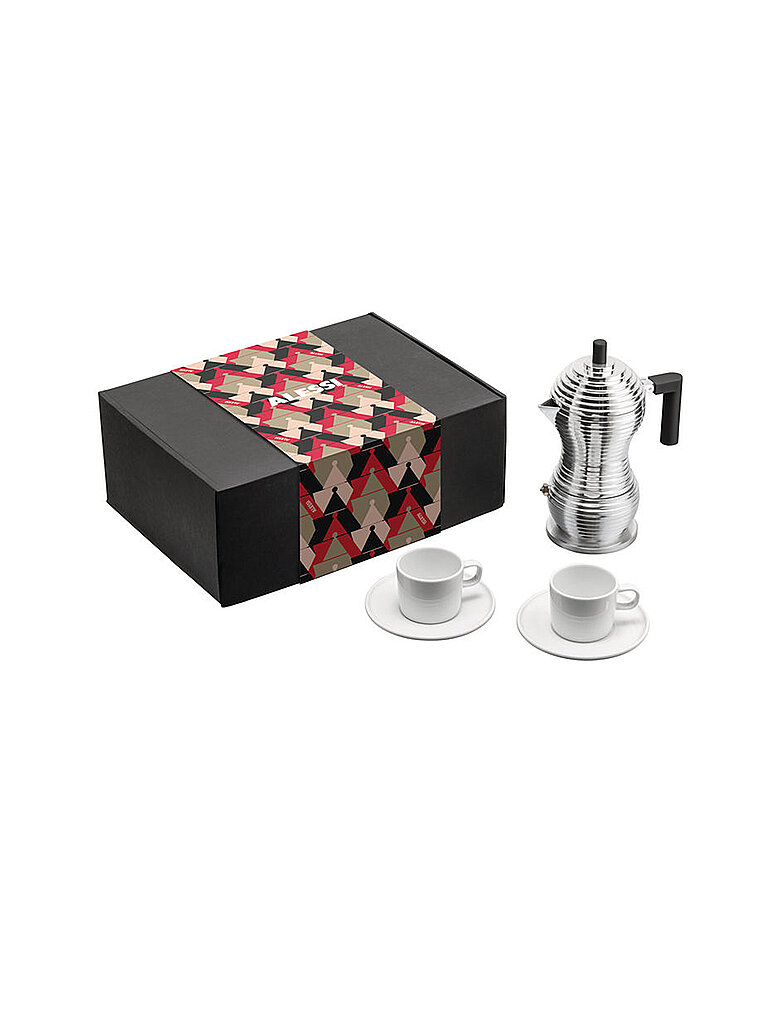 ALESSI Espressomaschine - Set mit Tassen 3-tlg Alu / Porzellan silber