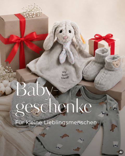 Geschenkset mit verpackten Geschenken, einem Plüschhasen, Babyschuhen, einer Strickmütze und einem Strampler mit Tiermotiven. Text: „Babygeschenke für kleine Lieblingsmenschen.“.