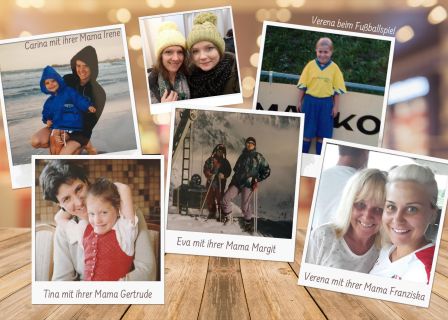 Eine Collage aus fünf Fotos, die Mütter mit ihren Töchtern zeigen. Jedes Bild zeigt unterschiedliche Personen in unterschiedlichen Situationen, beispielsweise im Freien und zu Hause. Die Textunterschriften enthalten Namen wie Carina, Verena, Tina und Eva mit ihren jeweiligen Müttern.