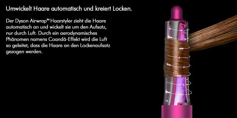 Ein Diagramm des Dyson Airwrap-Werkzeugs zum Locken von Haaren. Das Werkzeug wickelt eine Haarsträhne um seinen Zylinder und demonstriert so seine automatische Lockenfunktion. Ein deutscher Text erklärt den Coandă-Effekt und die Funktionsweise des Werkzeugs.