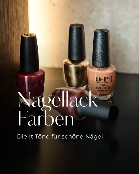 Vier OPI-Nagellackflaschen in verschiedenen Farben auf einer dunklen Fläche, mit deutschem Text über trendige Nagellackfarben überlagert.
