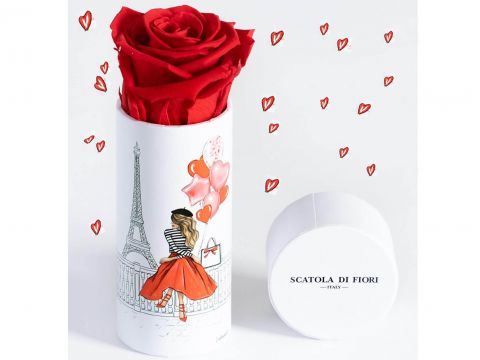 Eine rote Rose in einer dekorativen zylindrischen Schachtel mit der Abbildung einer Frau mit Luftballons in der Nähe des Eiffelturms. Auf dem seitlich angebrachten Deckel steht „Scatola di Fiori“. Kleine rote Herzen umgeben das Motiv.