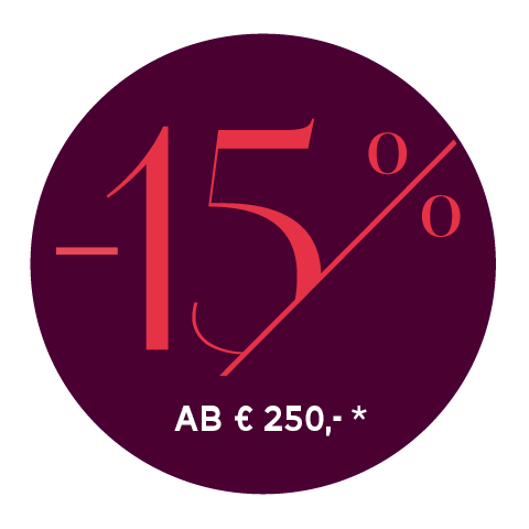 Ein kreisrundes Bild mit dunklem Hintergrund und großem roten Text „-15%“. Darunter steht in kleinerer Schrift „AB € 250,- *“.