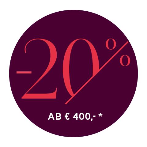 Eine runde, dunkelviolette Grafik mit rotem Text, auf dem „-20%“ steht. Darunter steht in weißem Text „AB € 400,- *“.