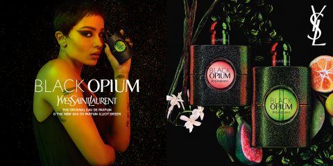 Links steht eine Frau, die eine Flasche des Duftes Black Opium Illicit Green hält. Rechts sind zwei Black Opium-Flaschen von Blumen, Früchten und grünen Blättern umgeben. In der oberen rechten Ecke befindet sich das Logo von Yves Saint Laurent.
