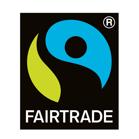 Das Fairtrade-Logo zeigt eine stilisierte blaue und grüne Figur auf schwarzem Hintergrund mit dem Wort „FAIRTRADE“ darunter.