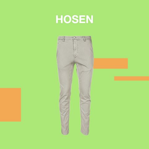 Eine hellgraue Hose ist auf einem leuchtend grünen Hintergrund abgebildet, darüber steht das Wort „HOSEN“. Orange Rechtecke fügen ein geometrisches Designelement hinzu.