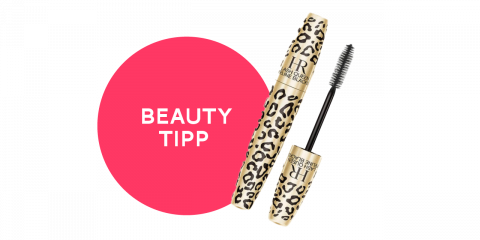 Neben einer geöffneten Mascara-Tube im Leopardenmuster steht ein rosa Kreis mit der Aufschrift „BEAUTY TIPP“.
