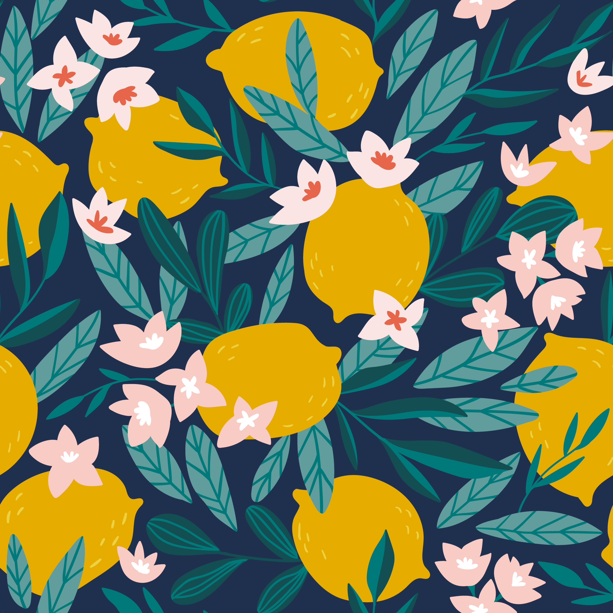 Ein lebendiges Muster mit gelben Zitronen, rosa und weißen Blumen und grünen Blättern auf dunkelblauem Hintergrund. Das Laub und die Blumen sind zwischen den Zitronen verstreut und erzeugen ein farbenfrohes und dynamisches Design.