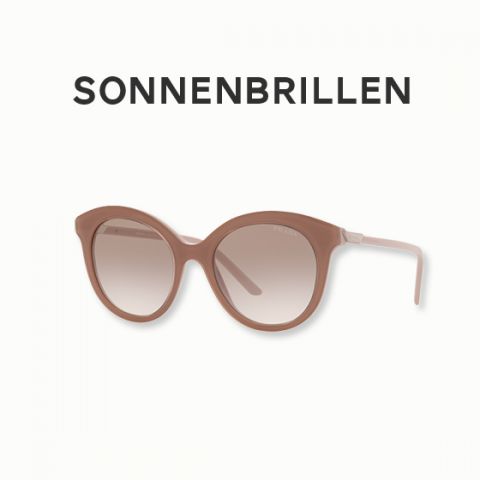 Vor einem hellen Hintergrund ist eine stylische, runde, braune Sonnenbrille mit Verlaufsgläsern abgebildet. Darüber steht in fetten Lettern das Wort „SONNENBRILLEN“.