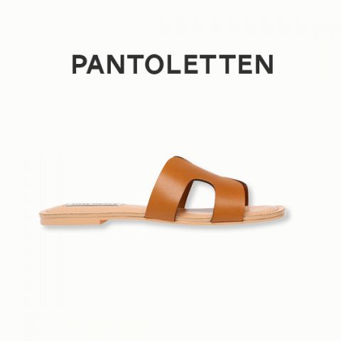 Hellbraune Pantoletten mit zwei breiten Riemen und flacher Sohle sind auf schlichtem Untergrund abgebildet. Über der Sandale steht das Wort „PANTOLETTEN“.