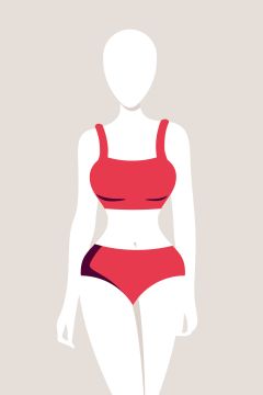 Illustration einer gesichtslosen Figur, die einen roten zweiteiligen Badeanzug vor einem schlichten Hintergrund trägt. Das Design ist minimalistisch und stilisiert.