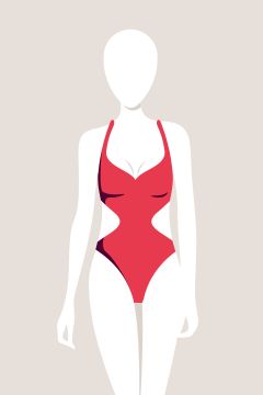 Illustration einer gesichtslosen Figur, die vor einem neutralen Hintergrund einen roten Badeanzug mit seitlichen Ausschnitten trägt.