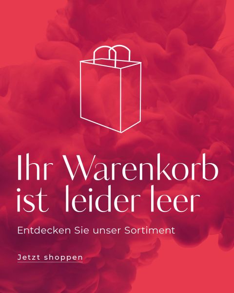 Eine rote Werbung mit einem Einkaufstüten-Symbol. Der Text lautet: „Ihr Warenkorb ist leider leer. Entdecken Sie unser Sortiment. Jetzt einkaufen“, was bedeutet: „Ihr Warenkorb ist leider leer. Entdecken Sie unser Sortiment. Jetzt einkaufen.“.