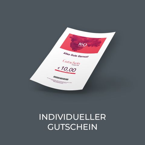 Ein schwebender Geschenkgutschein mit rotem Design und deutschem Text, der einen Wert von 10 € anzeigt. Der Hintergrund ist dunkel und darunter steht „INDIVIDUELLER GUTSCHEIN“.
