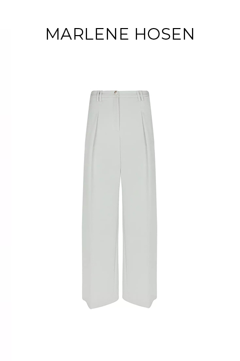 Weite High-Waist-Hose in heller Farbe mit Bügelfalten vorn. Darüber ist der Markenname „Marlene Hosen“ abgebildet.