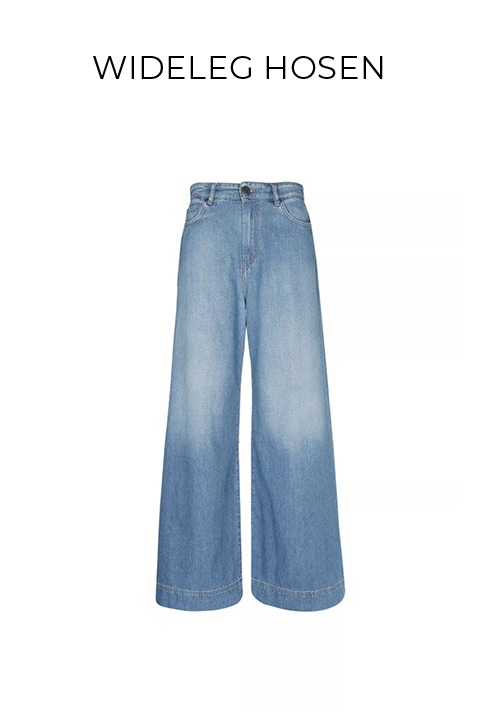 Weite Jeans auf schlichtem weißem Hintergrund. Der Text oben lautet „WIDELEG HOSEN“. Die Jeans hat eine hellblaue Farbe mit verblassten Stellen an den Oberschenkeln und eine hohe Taille.