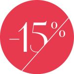 Rote Kreisgrafik mit diagonaler Teilung. Auf der linken Seite ist in Weiß „-15 %“ zu sehen, was einen Rabatt oder eine Ermäßigung bedeutet.