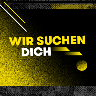 Gelb-schwarzes Design mit dem deutschen Text „WIR SUCHEN DICH“ in fetten, weiß-gelben Farbverlaufsbuchstaben. Geometrische Formen und Texturen betonen den Hintergrund.