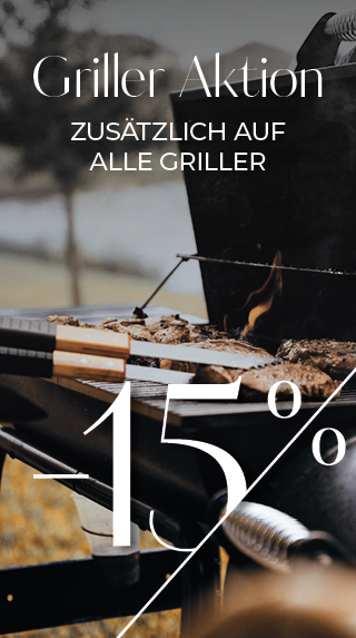 Nahaufnahme eines Grills, auf dem Fleisch gegart wird. Oben steht „Griller Aktion“ und darunter „Zusätzlich auf alle Griller“. Große „15 %“ sind deutlich zu sehen, was auf ein Rabattangebot hinweist.