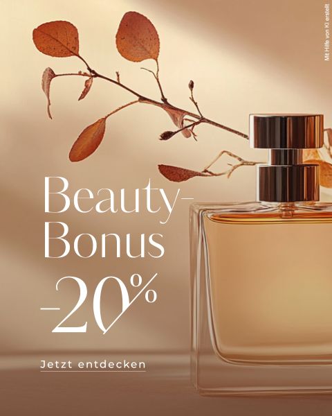 Ein gläserner Parfümflakon steht vor getrockneten braunen Blättern mit einem Text, der einen "Beauty-Bonus -20%" und "Jetzt entdecken" auf einem beigen Hintergrund anbietet.
