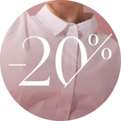 Eine Person trägt ein weißes Hemd mit Knöpfen auf rosa Hintergrund mit großem weißem Text darüber, der „-20 %“ lautet.