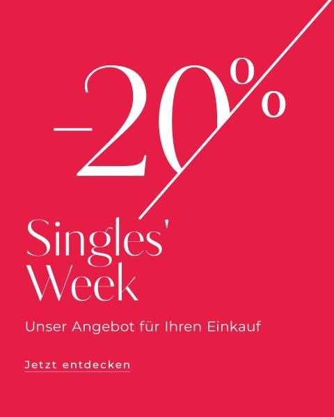 Rote Werbegrafik mit weißem Text, die den Rabatt "-20% Singles' Week" anbietet. Untertext auf Deutsch: "Unser Angebot für Ihren Einkauf" und "Jetzt entdecken".
