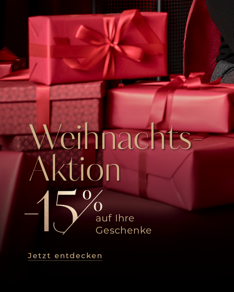 Rote und rosa Geschenkboxen mit Bändern sind gestapelt. Text lautet: „Weihnachts-Aktion -15 % auf Ihre Geschenke. Jetzt entdecken.“.
