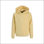 Hellgelbes Kapuzensweatshirt mit Beuteltasche auf der Vorderseite und dezentem "JJ Studios"-Schriftzug auf der Brust vor einem schlichten weißen Hintergrund.