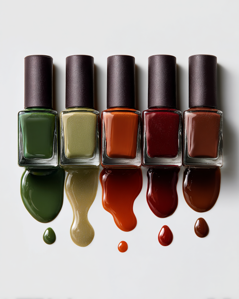 Fünf Nagellackfläschchen in Braun-, Rot-, Gelb- und Grüntönen sind diagonal angeordnet, wobei jedes Fläschchen umkippt und Lack auf einen weißen Hintergrund spritzt.