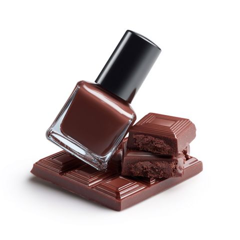 Eine braune Nagellackflasche lehnt an einer teilweise zerbrochenen Schokoladentafel, beide auf weißem Hintergrund.