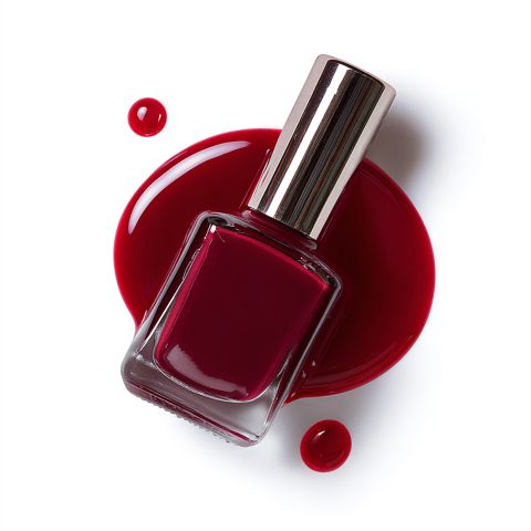 Eine rote Nagellackflasche mit aufgesetzter Metallkappe, die auf der Seite liegt, umgeben von verschüttetem rotem Lack und einigen kleinen Tröpfchen auf weißem Hintergrund.