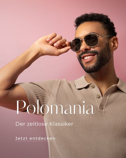 Ein stilvoller Mann mit gestutztem Bart trägt eine Sonnenbrille und ein beiges Strickpoloshirt und lächelt vor einem rosa Hintergrund. Der Text lautet: „Polonation. Der zeitlose Klassiker. Jetzt entdecken.“.