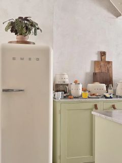 Ein cremefarbener SMEG-Kühlschrank steht in einer hellen Küche mit hellgrünen Schränken, einer Topfpflanze auf dem Dach und verschiedenen kleinen Küchengeräten und Frühstücksartikeln auf dem Tresen.