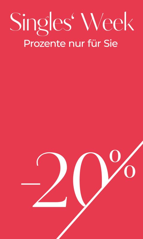 Rote Grafik mit weißem Text: "Singles Day, Prozente nur für Sie" oben und "-20%" in großer Schrift unten, getrennt durch eine diagonale weiße Linie.