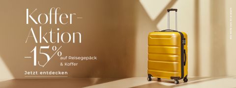 Ein gelber Hartschalenkoffer steht aufrecht in einem hellen, beigen Raum. Der deutsche Text wirbt mit 15 % Rabatt auf Reisegepäck und Koffer und lädt Kunden ein, das Angebot zu entdecken.