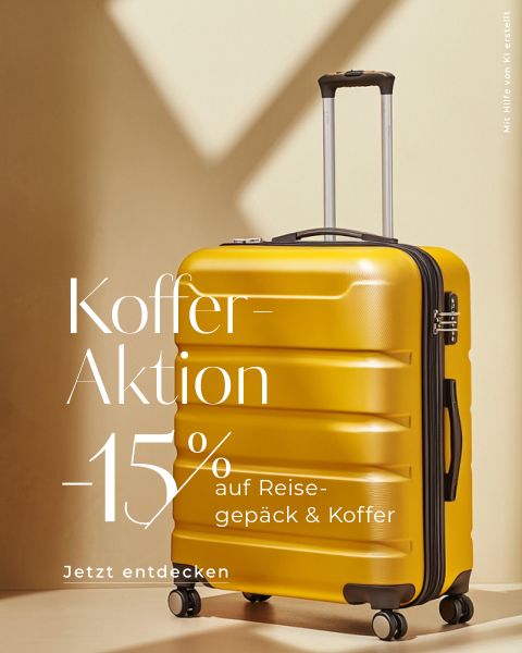 Ein gelber Hartschalenkoffer steht aufrecht auf beigem Untergrund. Auf dem Bild wird mit den Worten „Koffer-Aktion“ und „Jetzt entdecken“ für 15 % Rabatt auf Reisegepäck und Koffer geworben.