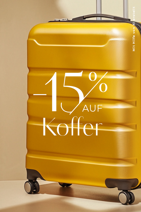 Vor einem beigen Hintergrund steht ein leuchtend gelber Hartschalenkoffer mit vier Rollen. Auf dem Koffer steht in weißer Schrift: „-15% auf Koffer“, was auf einen Rabatt von 15 % auf Koffer hinweist.
