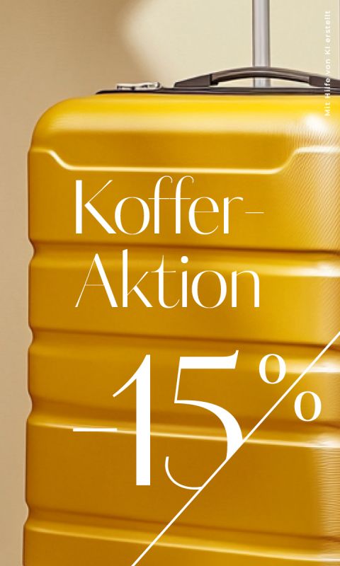 Ein leuchtend gelber Hartschalenkoffer mit Teleskopgriff. Der weiße Text auf dem Koffer lautet: „Koffer-Aktion -15%“. Der Hintergrund ist in neutralem Beige gehalten.