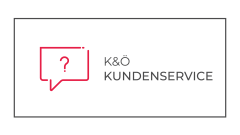 Eine Sprechblase mit einem Fragezeichen neben dem Text "K&Ö KUNDENSERVICE" auf einem weißen Hintergrund mit einem dünnen schwarzen Rand.