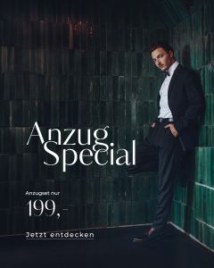 Mann im Anzug lehnt an einer dunkelgrün gefliesten Wand. Text lautet: „Anzug Special. Anzugset jetzt nur 199,- Jetzt entdecken.“.