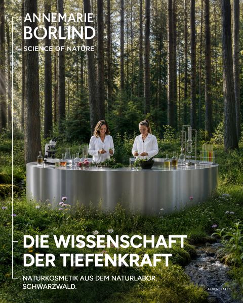 Glasbehälter mit Blumen und Kräutern drumherum, die natürliche Elemente in Szene setzen. In der Mitte steht „ANNEMARIE BÖRLIND NATURAL BEAUTY“. Der Hintergrund ist weiß.