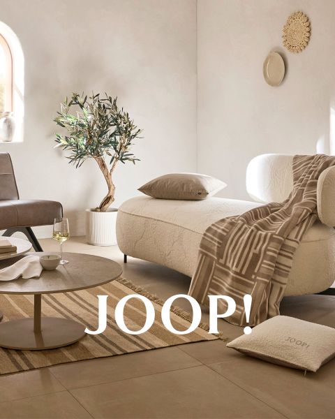 Kissen in neutralen Farben mit Mustern und eine passende Decke sind auf einer minimalistischen Betonbank angeordnet. Daneben stehen eine große Vase und eine dekorative Trockenpflanze. Auf der Decke steht „JOOP!“. Sanftes Sonnenlicht wirft Schatten über die Szene.