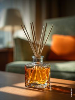 Ein Glasschilfdiffusor mit bernsteinfarbener Flüssigkeit steht auf einem sonnenbeschienenen Holztisch, im Hintergrund stehen ein Sofa und eine Lampe mit Weichzeichner.