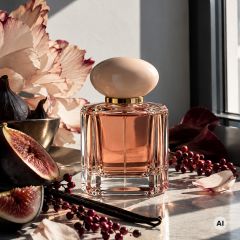 Ein quadratischer Parfümflakon aus Glas mit einem runden, cremefarbenen Verschluss, umgeben von frischen Feigen, roten Beeren und einer Vanilleschote.