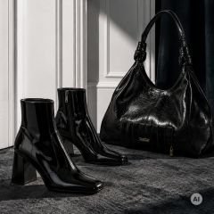 Ein Paar schwarze Stiefeletten aus Lackleder mit Blockabsatz neben einer dazu passenden schwarzen, locker sitzenden Umhängetasche.