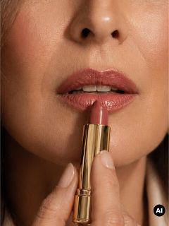 Eine Frau trägt rosa Lippenstift auf, wobei sie eine goldene Lippenstifthülse dicht an ihren Mund hält.